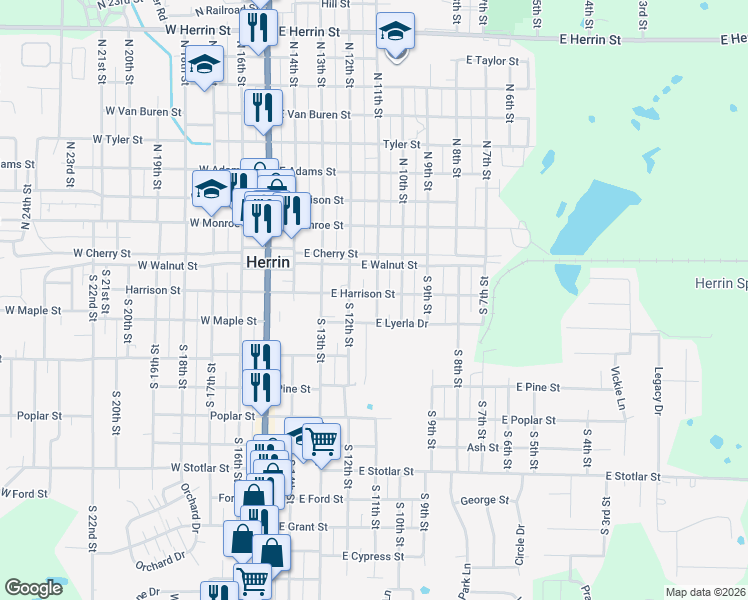 map of restaurants, bars, coffee shops, grocery stores, and more near 488 East Harrison Street in Herrin