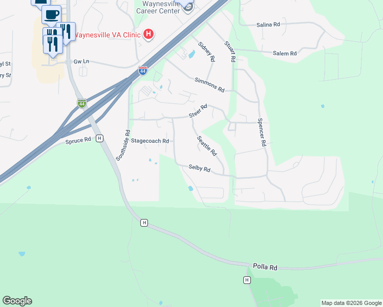 map of restaurants, bars, coffee shops, grocery stores, and more near 24583 Seattle Road in Waynesville