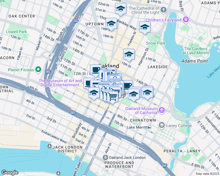 map of restaurants, bars, coffee shops, grocery stores, and more near in Oakland
