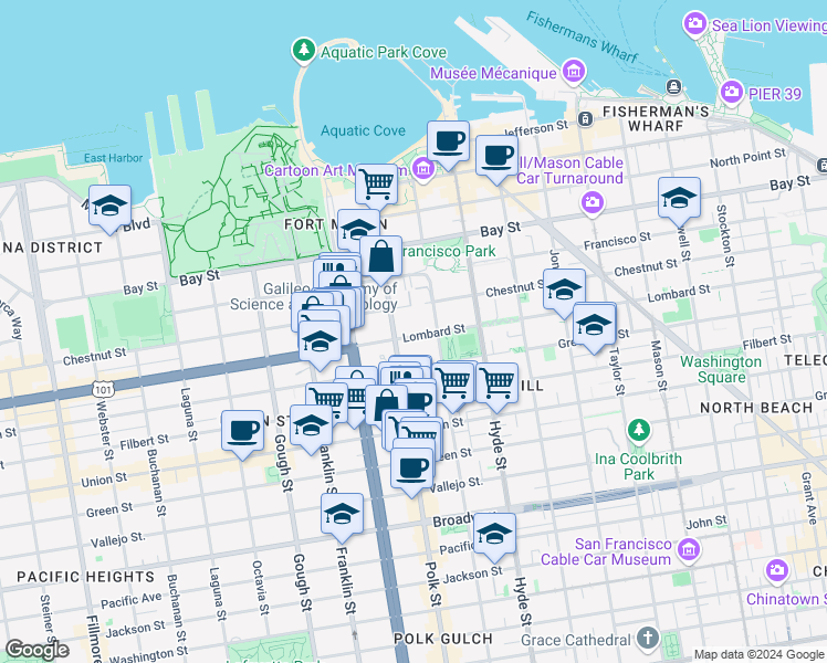 map of restaurants, bars, coffee shops, grocery stores, and more near 1271 Lombard Street in San Francisco