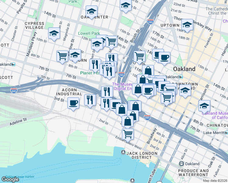 map of restaurants, bars, coffee shops, grocery stores, and more near 60316 6th Street in Oakland