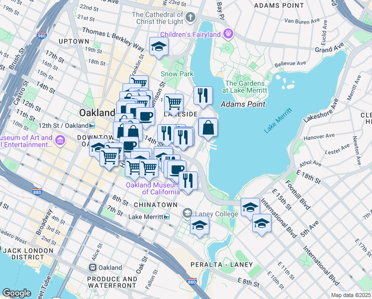 map of restaurants, bars, coffee shops, grocery stores, and more near 1428 Madison Street in Oakland