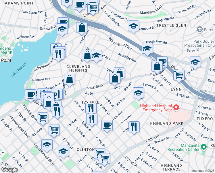 map of restaurants, bars, coffee shops, grocery stores, and more near 2511 7th Avenue in Oakland