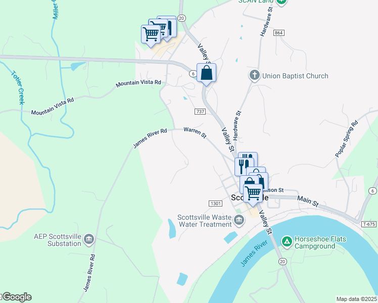 map of restaurants, bars, coffee shops, grocery stores, and more near 395 Warren Street in Scottsville