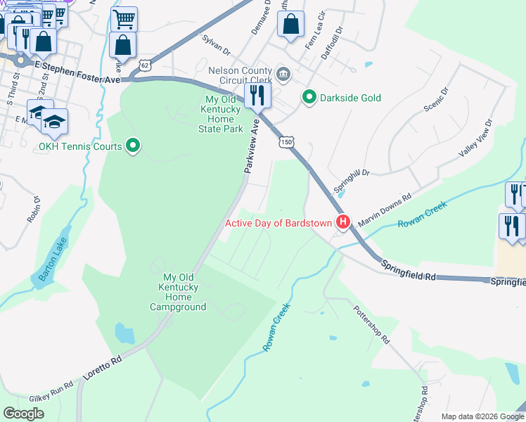 map of restaurants, bars, coffee shops, grocery stores, and more near 207 Eastview Drive in Bardstown