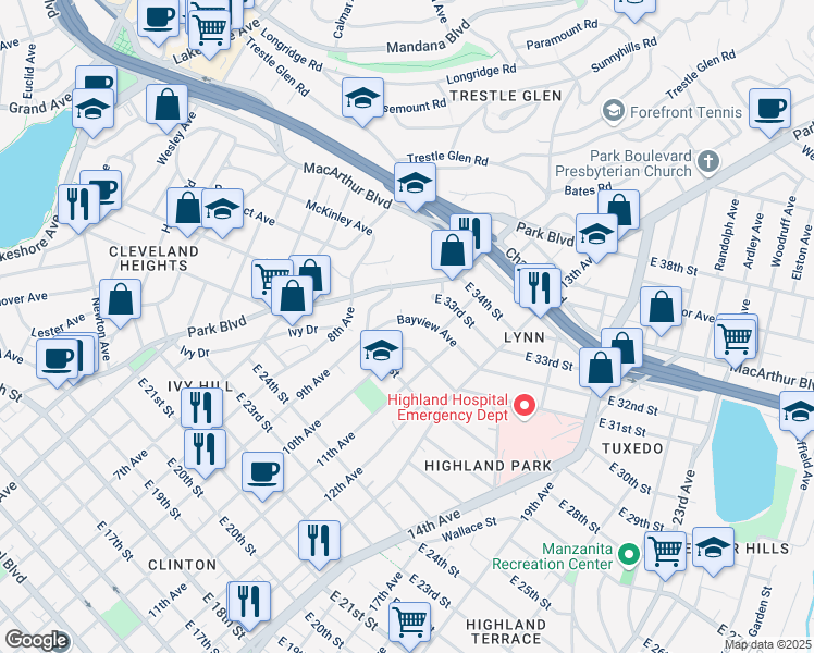 map of restaurants, bars, coffee shops, grocery stores, and more near 974 Bayview Avenue in Oakland