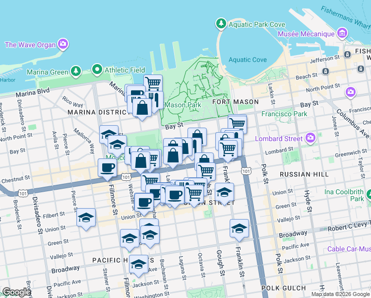 map of restaurants, bars, coffee shops, grocery stores, and more near 3208 Octavia Street in San Francisco
