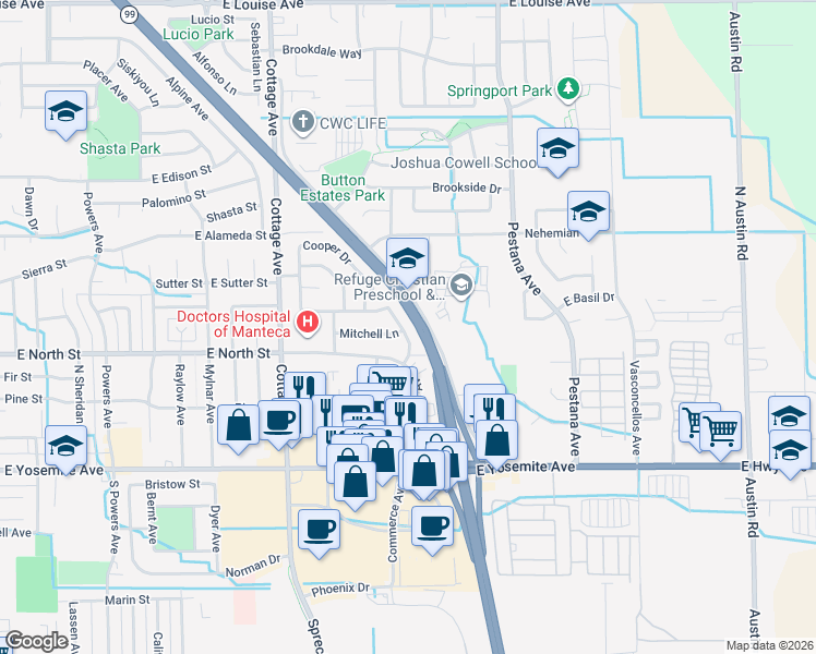 map of restaurants, bars, coffee shops, grocery stores, and more near 314 Lovell Way in Manteca