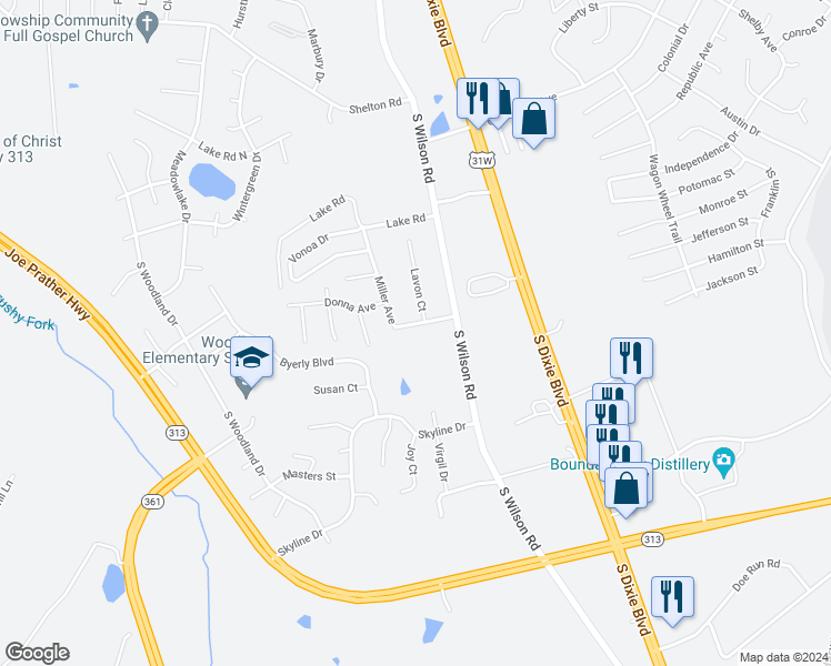 map of restaurants, bars, coffee shops, grocery stores, and more near 167 Miller Avenue in Radcliff