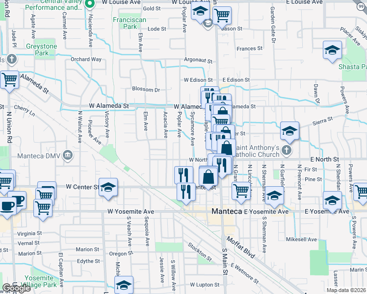 map of restaurants, bars, coffee shops, grocery stores, and more near 307 Sycamore Avenue in Manteca