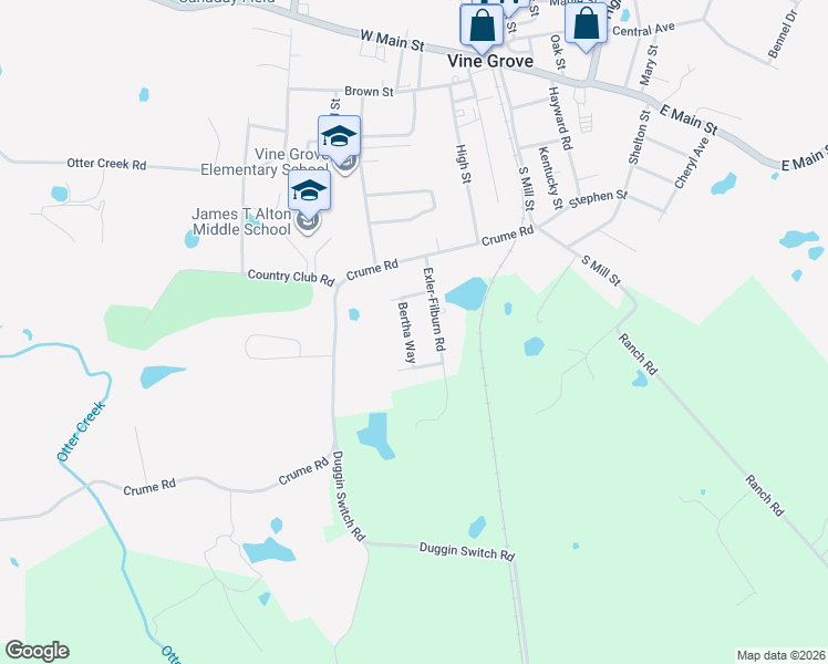 map of restaurants, bars, coffee shops, grocery stores, and more near 404 Bertha Way in Vine Grove