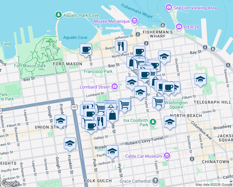 map of restaurants, bars, coffee shops, grocery stores, and more near 2215 Leavenworth Street in San Francisco