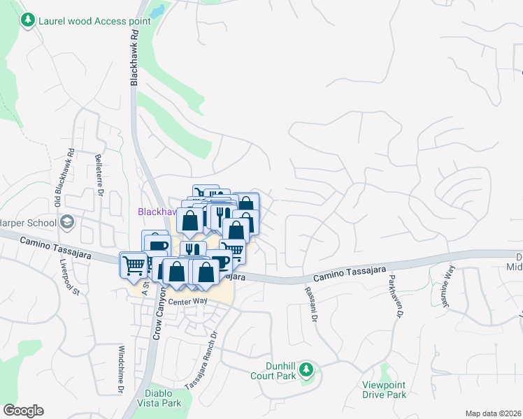 map of restaurants, bars, coffee shops, grocery stores, and more near 4345 Conejo Drive in Danville