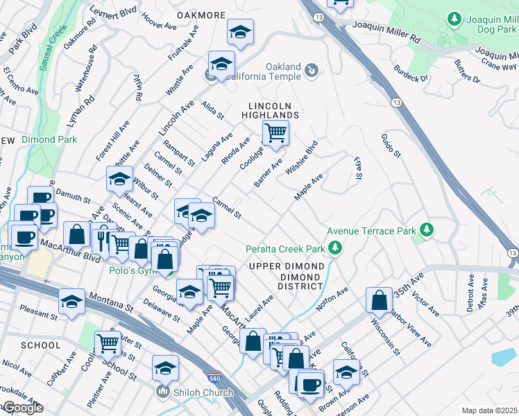 map of restaurants, bars, coffee shops, grocery stores, and more near 2935 Morgan Avenue in Oakland