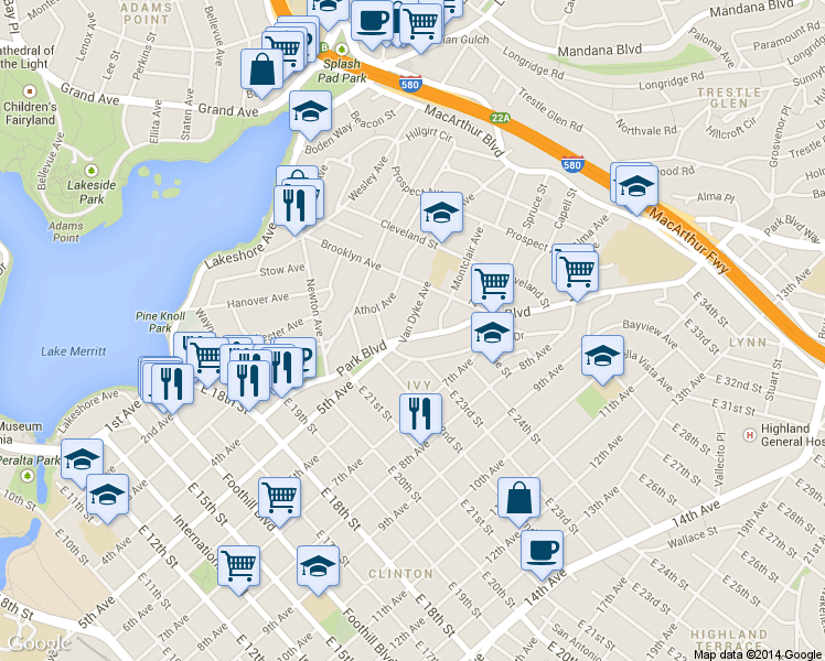 map of restaurants, bars, coffee shops, grocery stores, and more near in Oakland