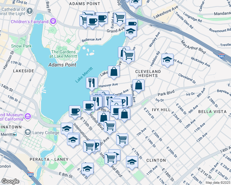map of restaurants, bars, coffee shops, grocery stores, and more near 252 Acton Place in Oakland