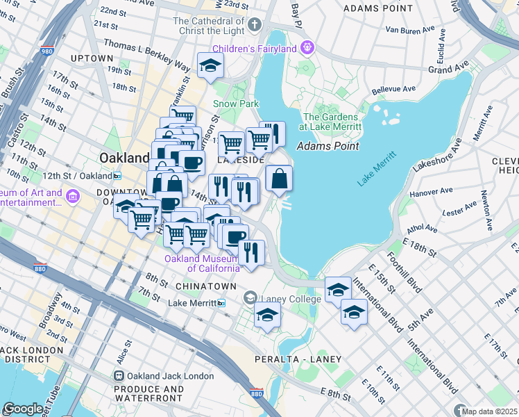 map of restaurants, bars, coffee shops, grocery stores, and more near 126 14th Street in Oakland