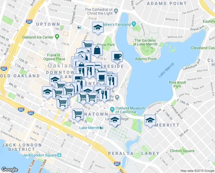 map of restaurants, bars, coffee shops, grocery stores, and more near 184 13th Street in Oakland