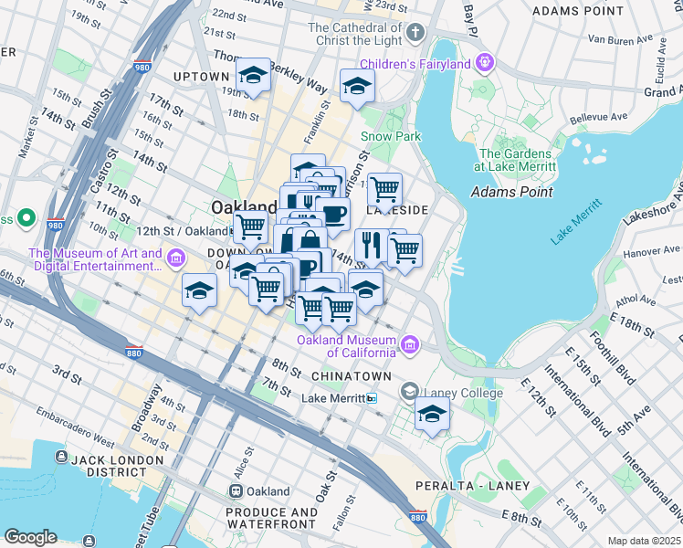 map of restaurants, bars, coffee shops, grocery stores, and more near 201 13th Street in Oakland