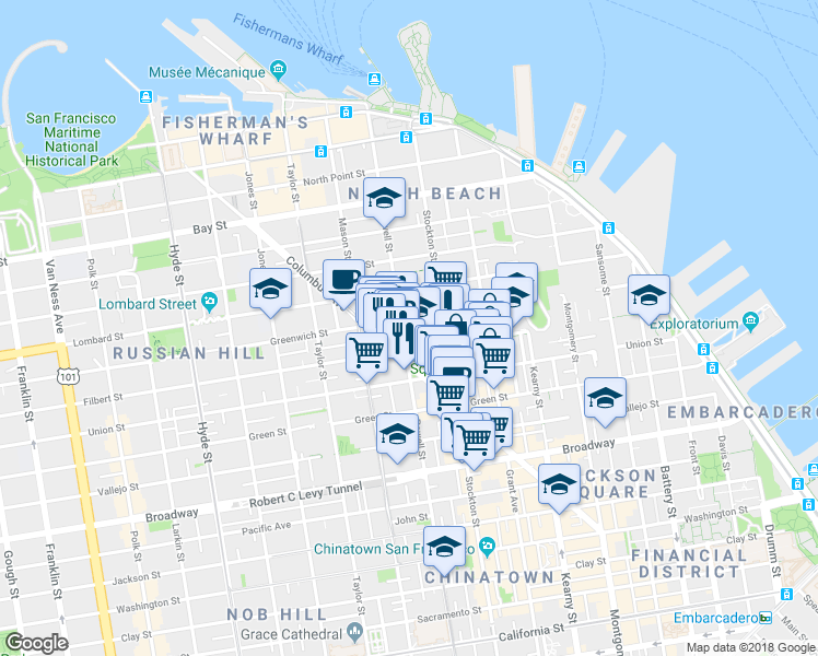 map of restaurants, bars, coffee shops, grocery stores, and more near 1815 Powell Street in San Francisco
