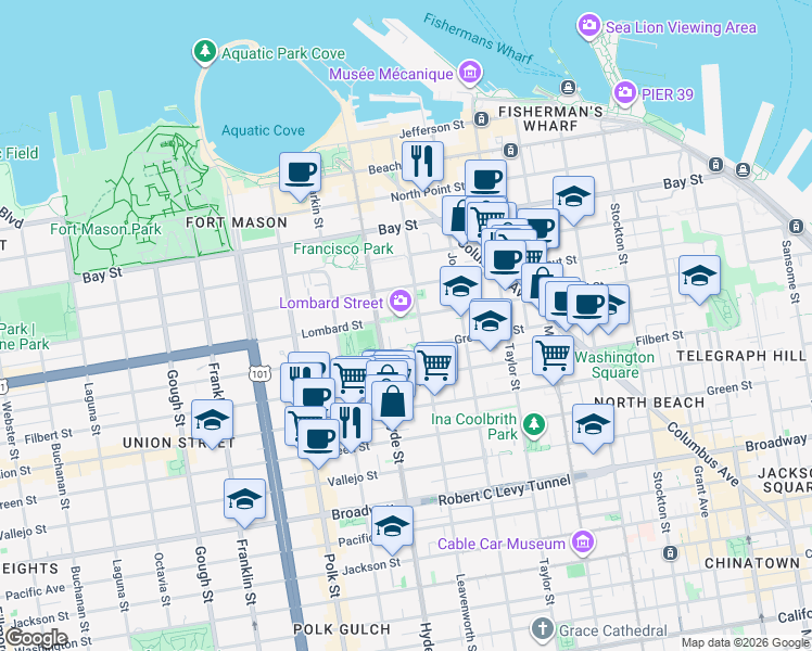 map of restaurants, bars, coffee shops, grocery stores, and more near 2215 Leavenworth Street in San Francisco
