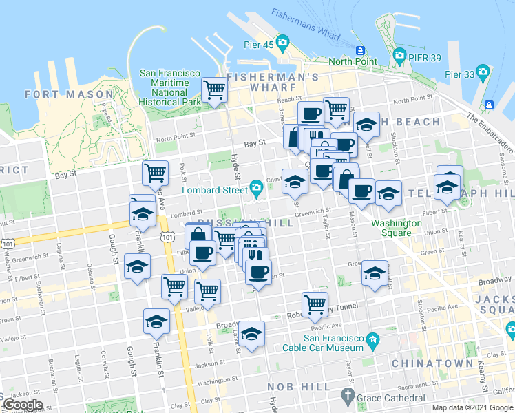 map of restaurants, bars, coffee shops, grocery stores, and more near 2215 Leavenworth Street in San Francisco