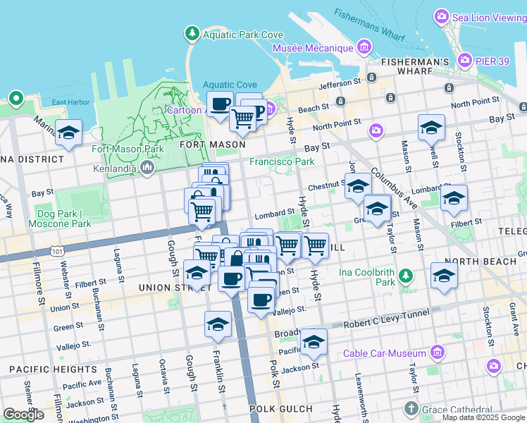 map of restaurants, bars, coffee shops, grocery stores, and more near 1271 Lombard Street in San Francisco