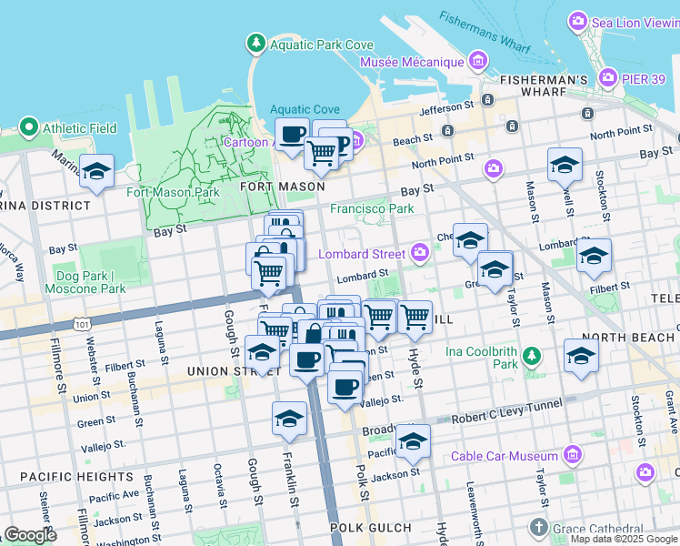 map of restaurants, bars, coffee shops, grocery stores, and more near 1271 Lombard Street in San Francisco