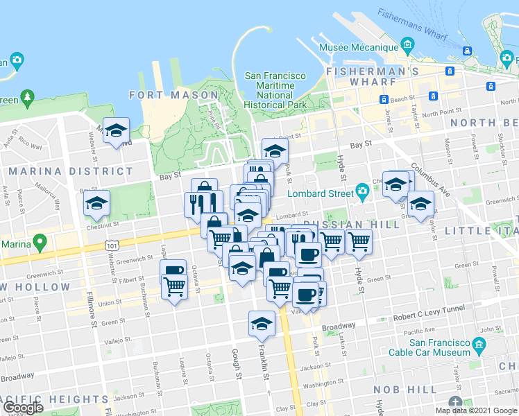 map of restaurants, bars, coffee shops, grocery stores, and more near 1450 Lombard Street in San Francisco