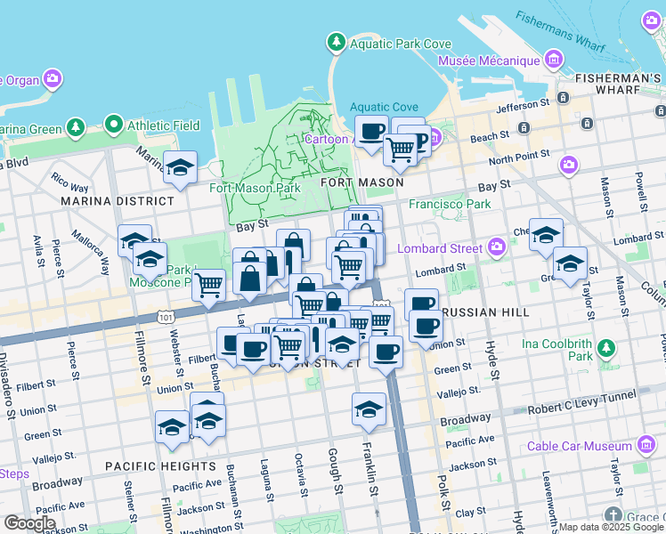 map of restaurants, bars, coffee shops, grocery stores, and more near 1530 Lombard Street in San Francisco
