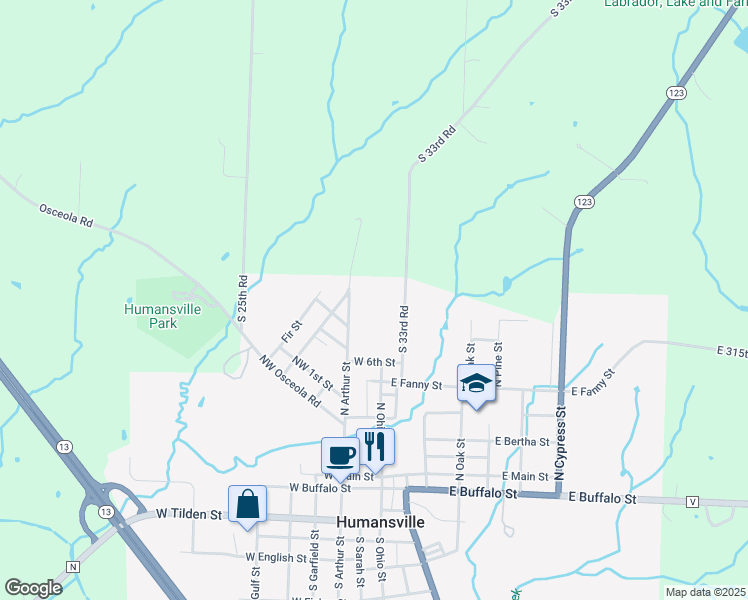 map of restaurants, bars, coffee shops, grocery stores, and more near 703 North Mary Street in Humansville