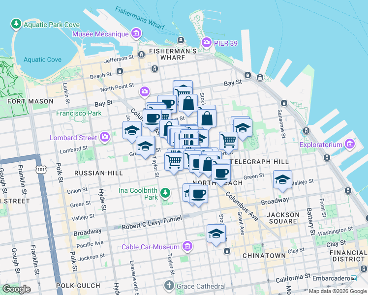 map of restaurants, bars, coffee shops, grocery stores, and more near 735 Columbus Avenue in San Francisco