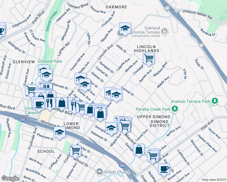 map of restaurants, bars, coffee shops, grocery stores, and more near 3840 Rhoda Avenue in Oakland