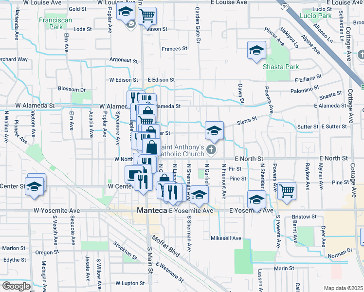 map of restaurants, bars, coffee shops, grocery stores, and more near 311 N Street in Lathrop