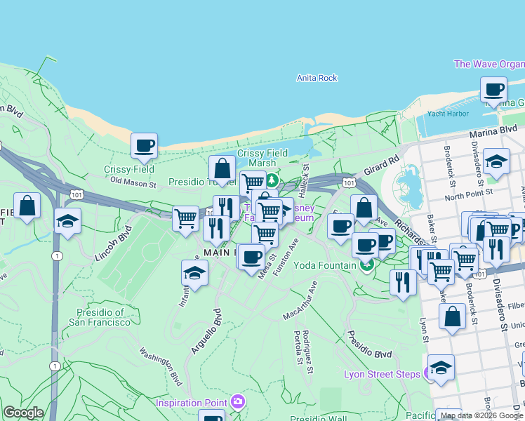 map of restaurants, bars, coffee shops, grocery stores, and more near 210 Lincoln Boulevard in San Francisco