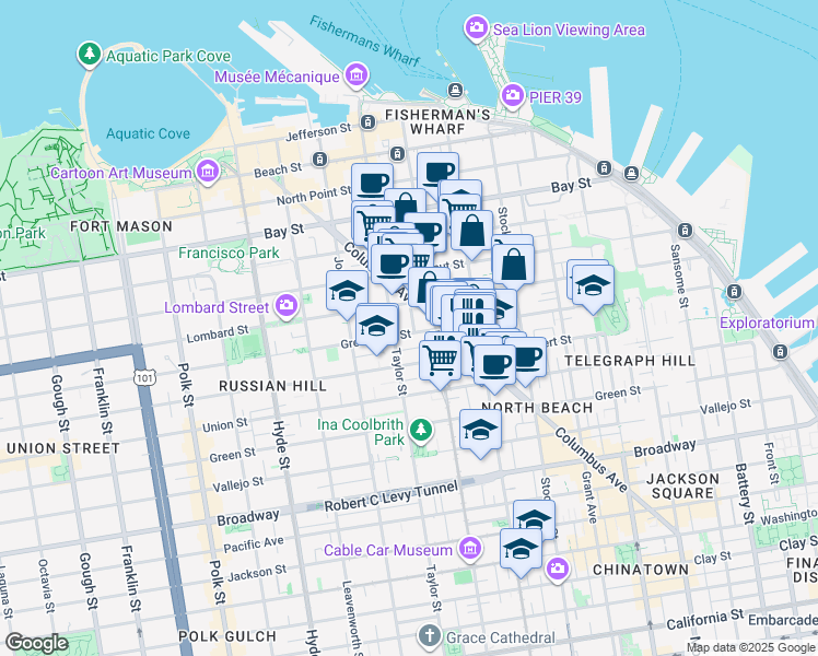 map of restaurants, bars, coffee shops, grocery stores, and more near 46 Valparaiso Street in San Francisco