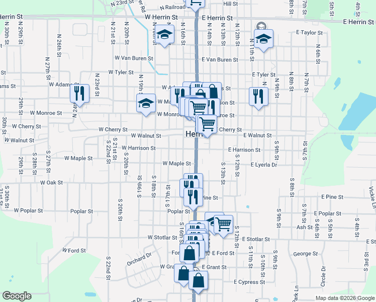 map of restaurants, bars, coffee shops, grocery stores, and more near West Harrison Street in Herrin