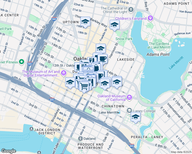 map of restaurants, bars, coffee shops, grocery stores, and more near in Oakland