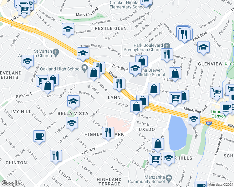 map of restaurants, bars, coffee shops, grocery stores, and more near 3412 13th Ave in Oakland