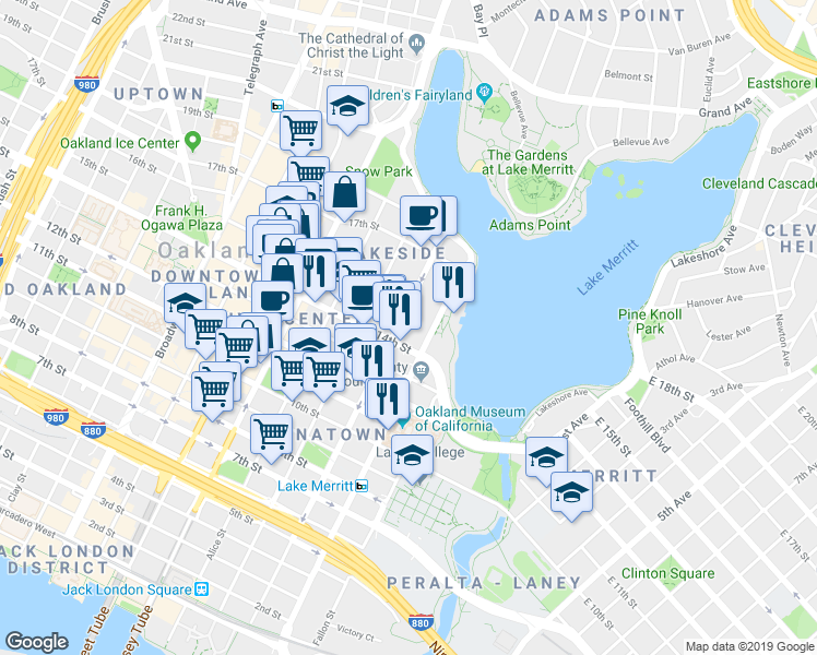 map of restaurants, bars, coffee shops, grocery stores, and more near 126 14th Street in Oakland