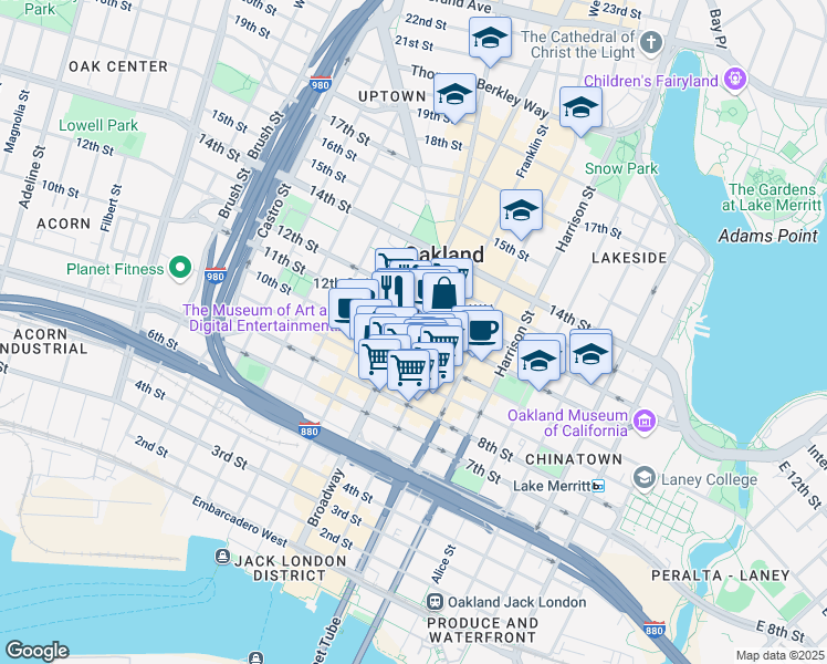 map of restaurants, bars, coffee shops, grocery stores, and more near 1000 Broadway in Oakland
