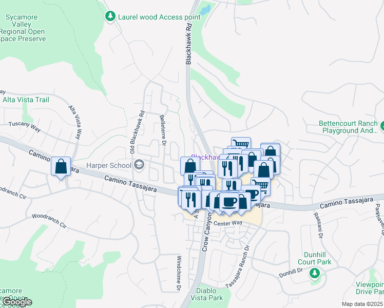 map of restaurants, bars, coffee shops, grocery stores, and more near 545 Silver Oak Lane in Danville