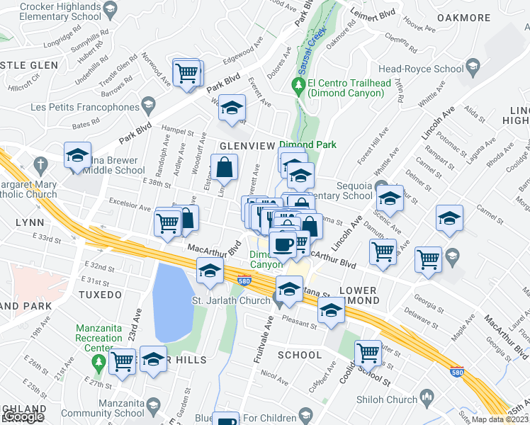 map of restaurants, bars, coffee shops, grocery stores, and more near 3780 Canon Avenue in Oakland