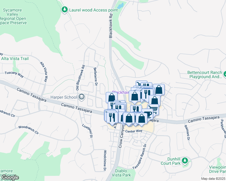 map of restaurants, bars, coffee shops, grocery stores, and more near 545 Silver Oak Lane in Danville