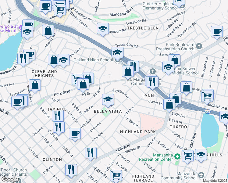 map of restaurants, bars, coffee shops, grocery stores, and more near 960 Bayview Avenue in Oakland