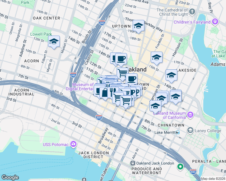 map of restaurants, bars, coffee shops, grocery stores, and more near 921 Washington Street in Oakland