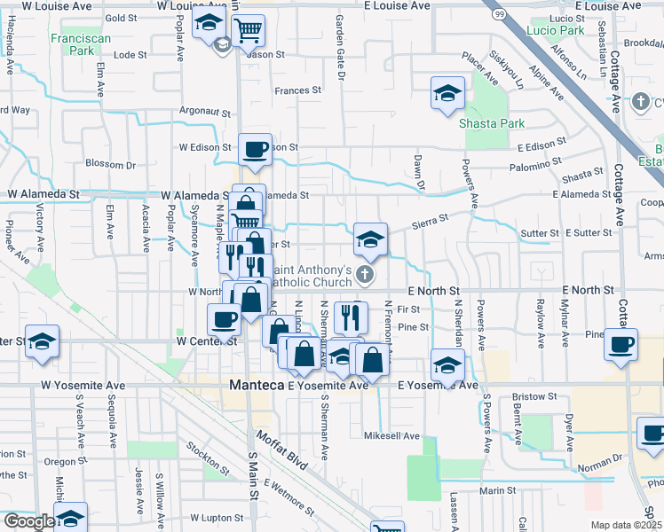 map of restaurants, bars, coffee shops, grocery stores, and more near 443 East North Street in Manteca