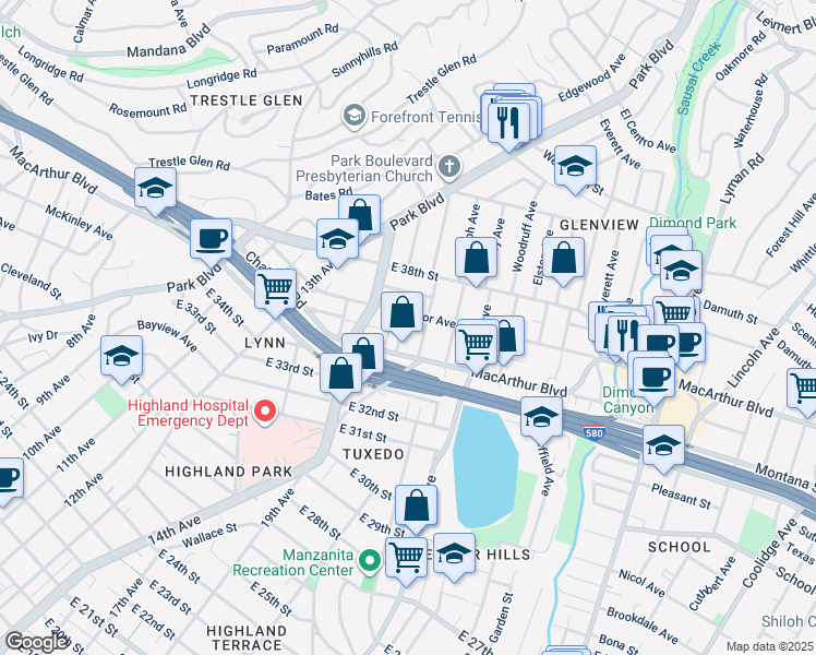 map of restaurants, bars, coffee shops, grocery stores, and more near 3527 Glen Park Road in Oakland