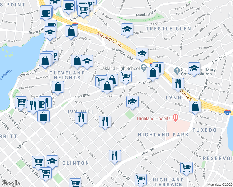 map of restaurants, bars, coffee shops, grocery stores, and more near in Oakland
