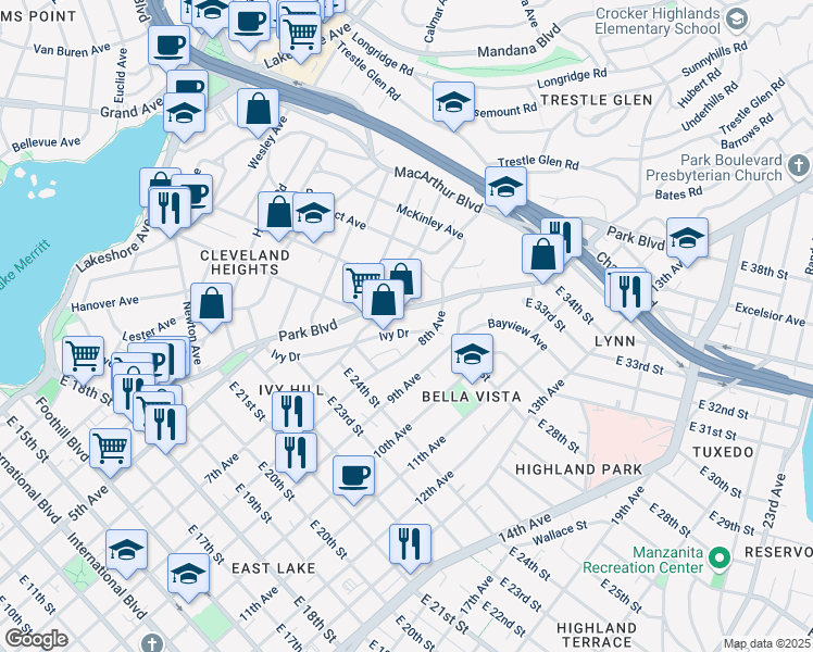 map of restaurants, bars, coffee shops, grocery stores, and more near 2558 Ivy Drive in Oakland